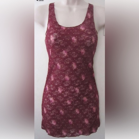NEW!  Free People Semi-Sheer Stretch Lace Burgundy Tank W/ Ditzy Floral - Picture 2 of 8